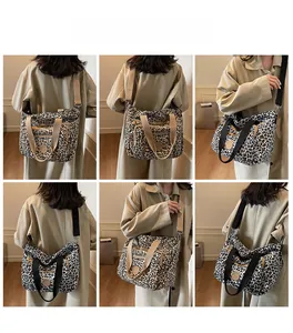 Detailed views of leopard print canvas tote bag showing multiple carrying styles