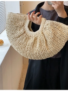 Large Capacity Handwoven Straw Handbag Summer Beach Vacation Half Moon Fashion Raffia Woven Top Handle Bag For Women Fashion