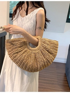 Large capacity handmade straw beach tote bag with semicircular woven handle design