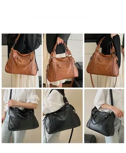 Collage of model wearing vintage soft leather tote bag in brown and black options