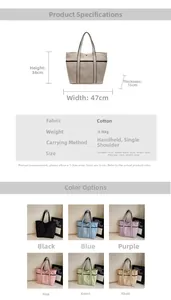 Detailed chart showing tote bag dimensions, 0.36kg weight, and various color options