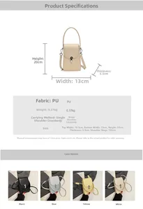 Detailed size chart and material specs for the stylish PU leather crossbody phone bag