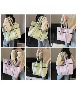 Detail shots of large tote bags in light green and purple showing multiple carrying styles