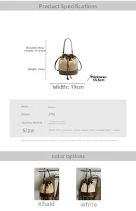 Detail of straw bucket bag showing leather base drawstring and dimensions 19x15.5x22cm