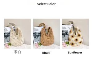 Détails des motifs en crochet des sacs à bandoulière en crème, kaki et style tournesol