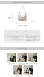 Tableau des tailles et vues multiples du sac fourre-tout en PU montrant les dimensions