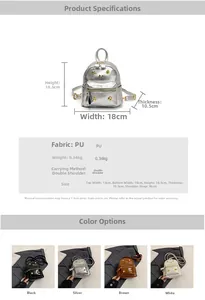 Detailed size chart and dimensions of the silver PU mini backpack with bear charms