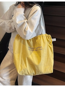 Large Capacity Nylon Canvas Drawstring Tote Bag With Letter Print Contrast Color Shoulder Bag For Women Daily Casual Wear