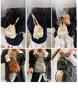 Mini PU leather backpack with bow and golden rivets shown on model in four colors