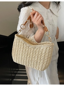 Women Handmade Straw Woven Underarm Bag With Acrylic Resin Chain Gold Metal Rings Casual Summer Beach Shoulder Bag