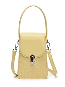 Pale yellow small crossbody handbag featuring textured woven pattern and silver lock
