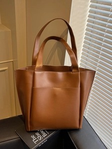 Large Capacity PU Leather Tote Bag For Women Minimalist Solid Color Shoulder Bag Versatile Commuter Handbag With External Pocket