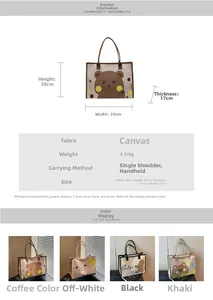 Fiche technique montrant les dimensions et quatre couleurs du sac cabas en toile