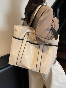 Large Capacity Women Tote Bag Minimalist Nylon Canvas Contrast Trim Casual Shoulder Bag Commuter Shopping Travel Bag
