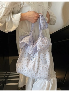 Women Floral Ruffle Tote Bag Large Capacity Textured Fabric Shoulder Bag Sweet Pastoral Style Casual Daily Handbag Lightweight