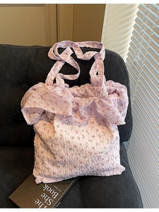 Chic light purple floral tote bag with ruffle trim and long shoulder straps for women