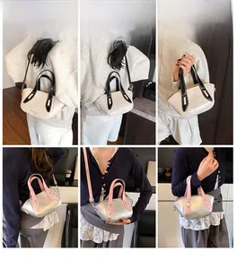 Collage of two-tone crossbody pillow bag showing crossbody and shoulder carry styles