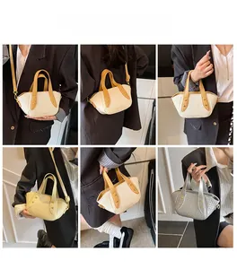 Détails d'un sac seau tressé avec poignées en cuir montré sous plusieurs angles de vue