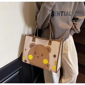 Sac cabas décontracté en toile crème avec anses brunes et imprimé d'ours mignon