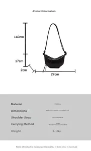 Detailed size chart of a black sequin crescent bag showing dimensions 27x17x2 cm
