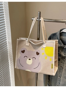 Grand Sac Fourre-Tout en Toile Imprimé Ours de Dessin Animé Sac de Maman Décontracté Shopping Sac à Épaule Pour Femme Quotidien