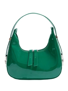Sac demi-lune vert émeraude brillant en similicuir verni avec double fermeture éclair