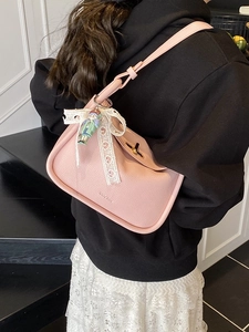 Pink lychee grain faux leather hobo shoulder bag with lace bow and cartoon charm