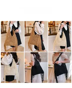 Detail of woven tote bag with long tassels shown in beige, brown and black colors