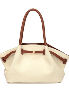 Chic stone-textured wing tote bag with beige canvas and brown leather handles