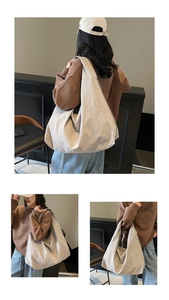 Collage of an oversized beige canvas tote bag shown in use by a model from multiple angles