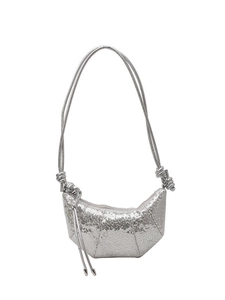 Silver sequin croissant crossbody bag with stylish knotted strap for women's fashion