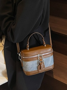 Retro contrast color box crossbody bag in dark brown leather and grey textured fabric
