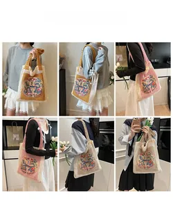 Collage of model carrying hand-knitted woven tote bags in beige, pink and yellow styles