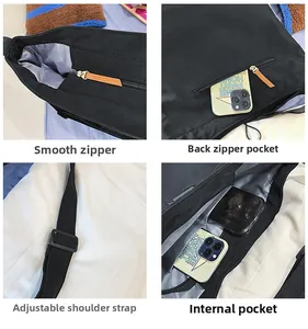 Detailansichten der Nylon-Tasche mit Reißverschlussfach hinten, Tragegurt und geräumigem Innenraum