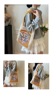 Detail of the large knitted tote bag showing cotton crochet texture and Chinese dragon embroidery