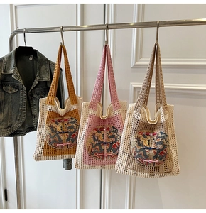 Three woven mesh tote bags featuring Chinese dragon embroidery and frog button details