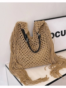 Women Bohemian Hand Woven Tassel Shoulder Bag Hollow Grid Crochet Beach Tote Bag With Leather Strap Casual Travel Handbag