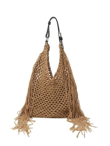 Bohemian hollow woven straw tote bag with long tassels and adjustable leather strap