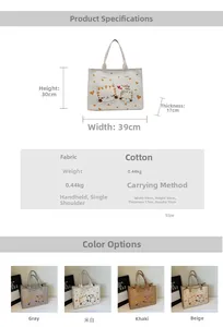 Guide détaillé des dimensions et couleurs du grand sac fourre-tout en toile imprimé chat