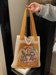 Sac Fourre-tout en Lin de Coton Tissé à la Main Ajouré Grande Capacité Broderie de Dragon Sac à Bandoulière Nouveau Vintage Chinois Sac à Main Femme