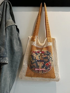 Grand sac cabas tissé avec broderie dragon et nœuds chinois pour vacances à la plage