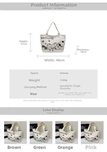 Detailed size specifications for a large canvas tote bag with cat illustration