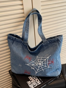 Damen Retro Denim Tote Bag Gewaschene Denim Umhängetasche Spinnennetz Stickerei Große Kapazität Halloween Gothic Handtasche
