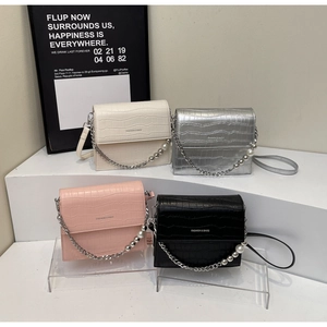 Chic croc-embossed square handbags in four colors with pearl chain handles and straps