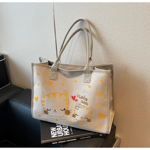 Détail du sac cabas en toile avec d'adorables chats et texte imprimé I LOVE MOM