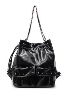 Glossy black drawstring bucket bag with silver studs and chain shoulder strap