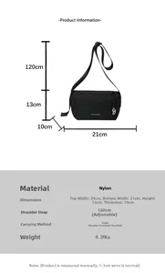 Tableau des tailles montrant les dimensions et détails en nylon du sac bandoulière noir