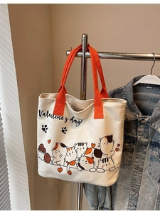 Women Large Capacity Canvas Tote Bag Cute Cartoon Cat Print Valentine's Day Theme Casual Shoulder Bag For Students Commuting