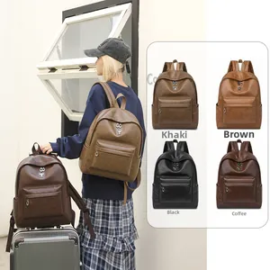 Detail of vintage faux leather backpacks in khaki, brown, black, and coffee color options