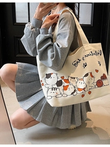 Large cream canvas tote bag with cute cartoon cats and Valentine's Day print